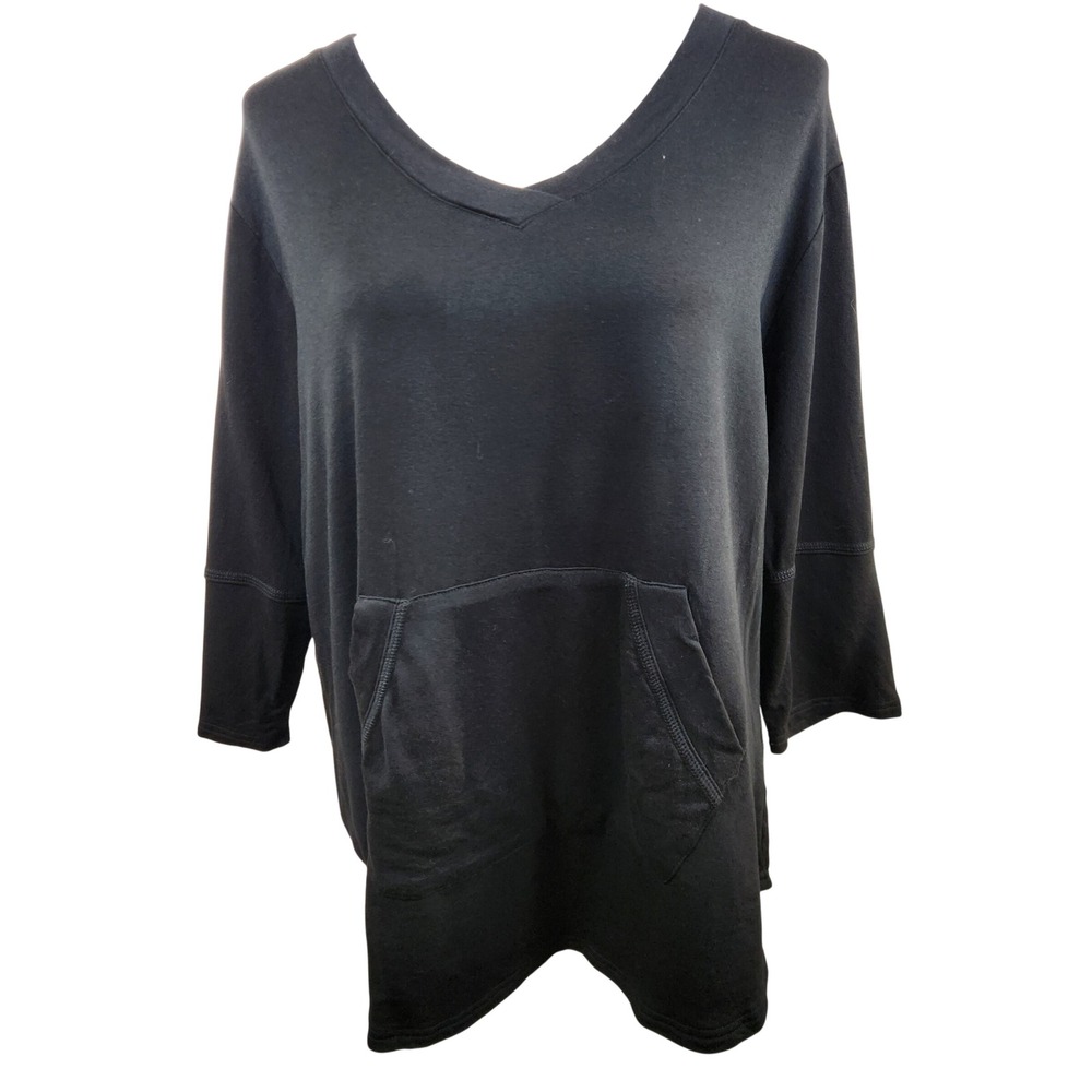 Lulu B Black V-Neck Kangaroo Pocket Tunic Sweatshirt Top XL Womens 3/4 Sleeve